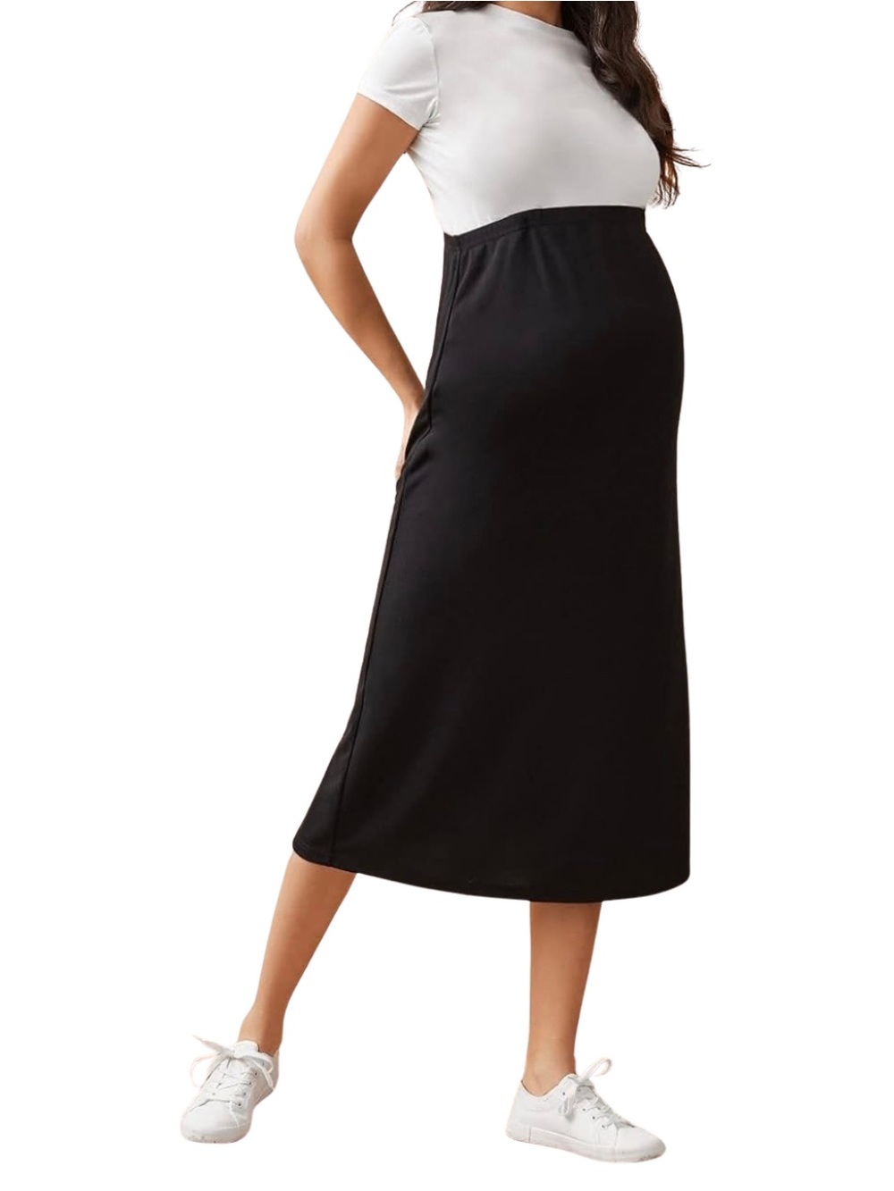 Black Maternity Suspender Midi Skirt Convertible Over Bump - Picture 2 of 5